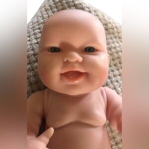 Berenguer Reborn Baby Doll 14” Blue Open Eyes Open Mouth 2  Teeth Brown Hair